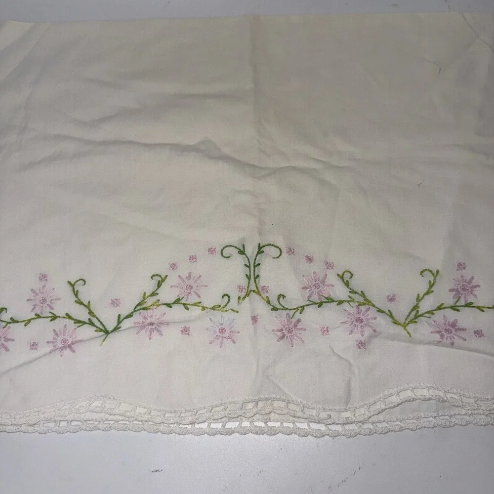 Vintage white pillowcase w/ pink floral embroidery & hand-crocheted lace edge
